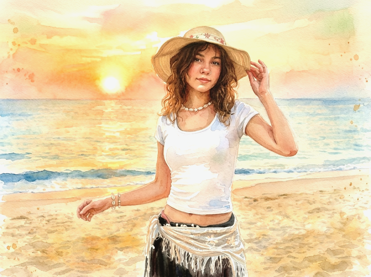 Ana Sofía, ilustrada en acuarela: de pie en la orilla al atardecer, con sombrero de paja y blusa blanca.